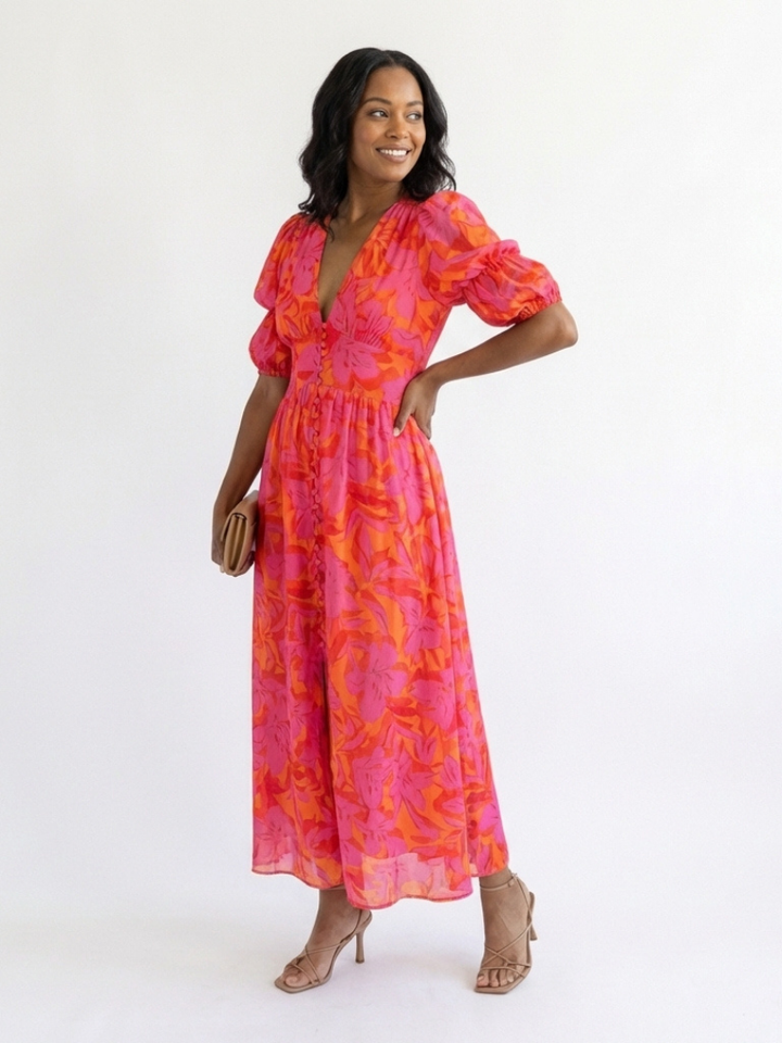 Willow pink floral midi dress with puff sleeves and V-neck