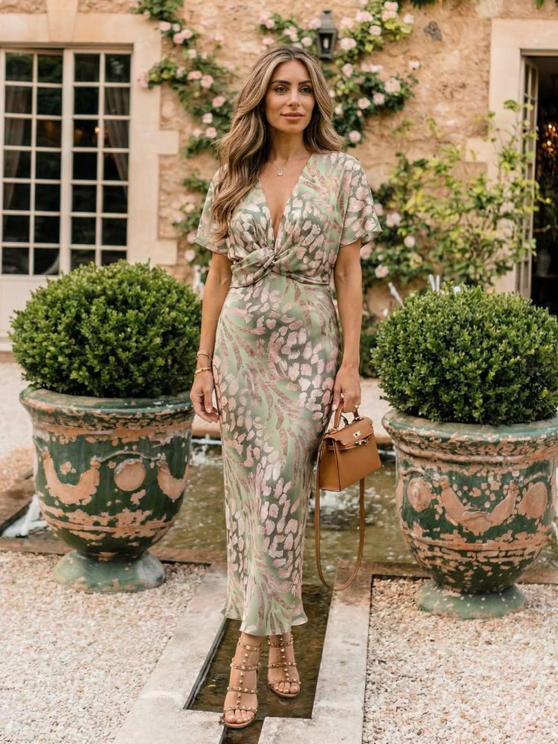 Coralie green abstract print midi dress with V-neck and twisted waist