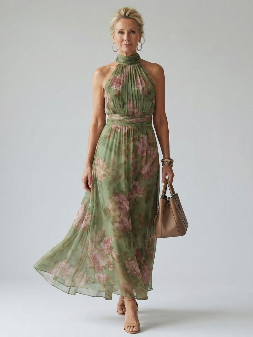 Mirelle sage green ruched halter midi dress