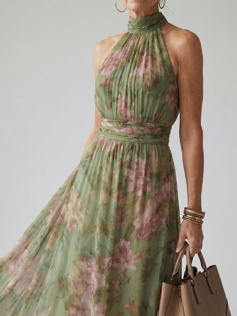 Mirelle sage green ruched halter midi dress