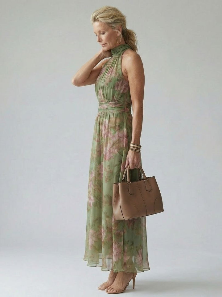 Mirelle sage green ruched halter midi dress