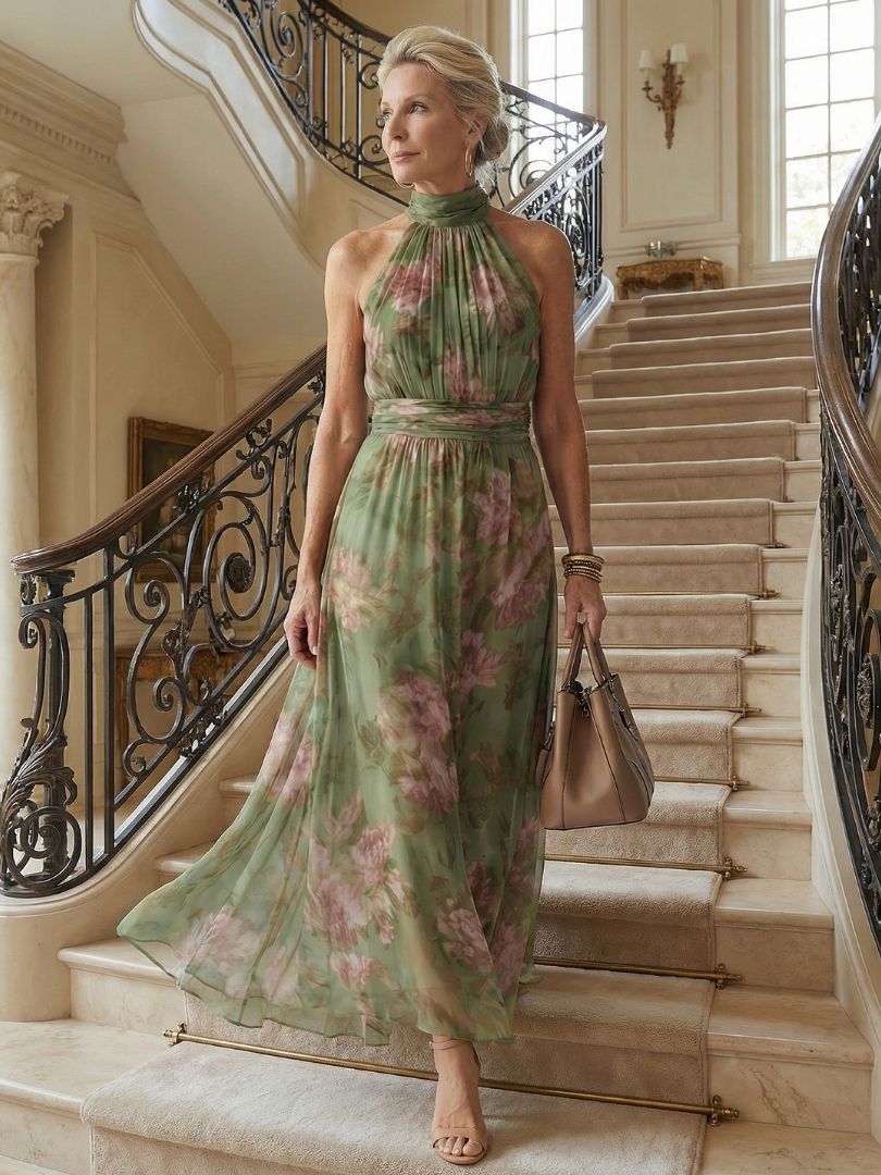 Mirelle sage green ruched halter midi dress