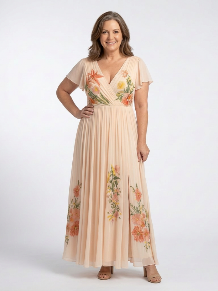 Calista pleated floral maxi dress with V-neck and short sleeves