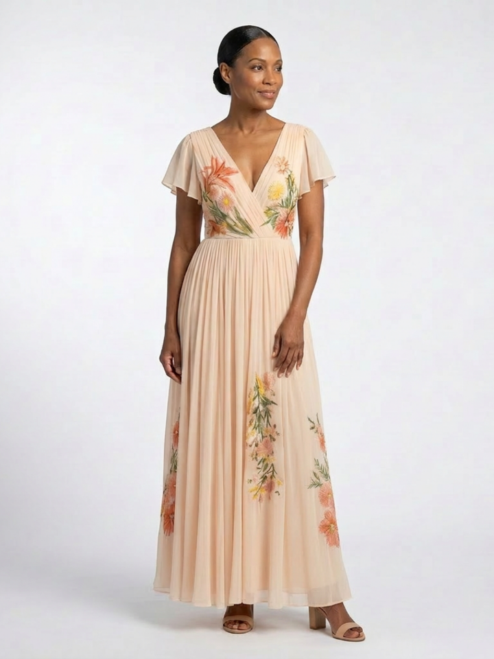 Calista pleated floral maxi dress with V-neck and short sleeves